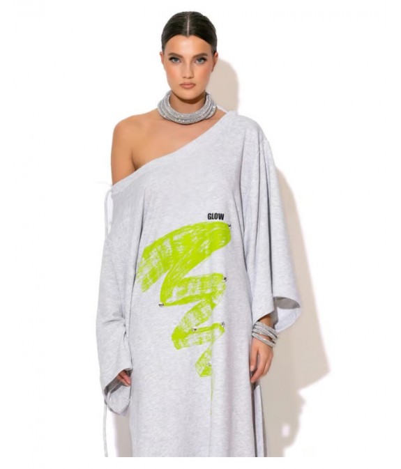 Long Sweatshirt Dress With Print And Stones - Grey