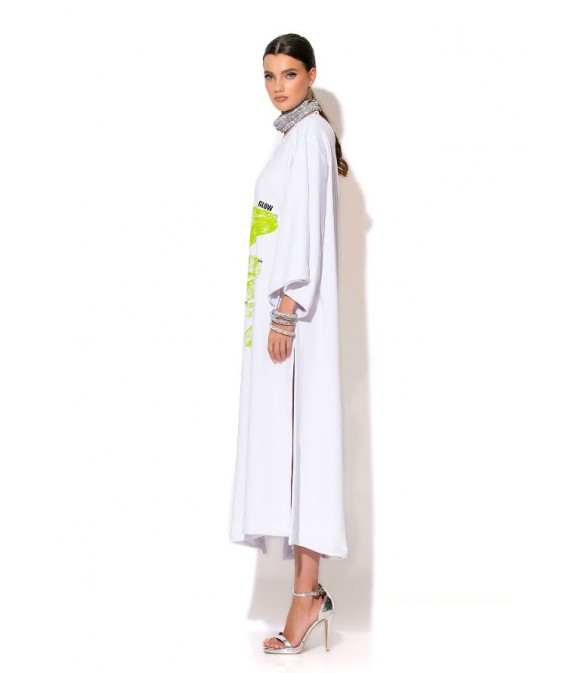 Long Sweatshirt Dress With Print And Stones - White