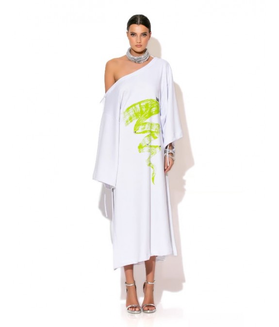 Long Sweatshirt Dress With Print And Stones - White