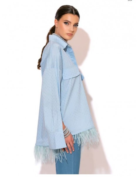 Rhinestone Poplin Shirt With Feathers In Ciel