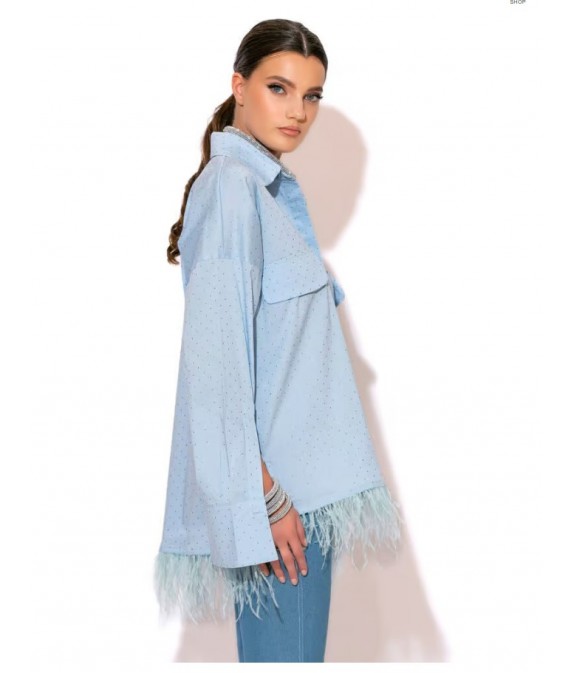 Rhinestone Poplin Shirt With Feathers In Ciel