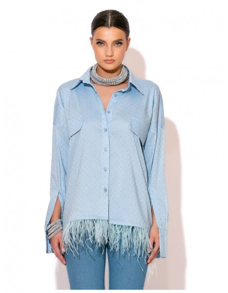 Rhinestone Poplin Shirt With Feathers In Ciel