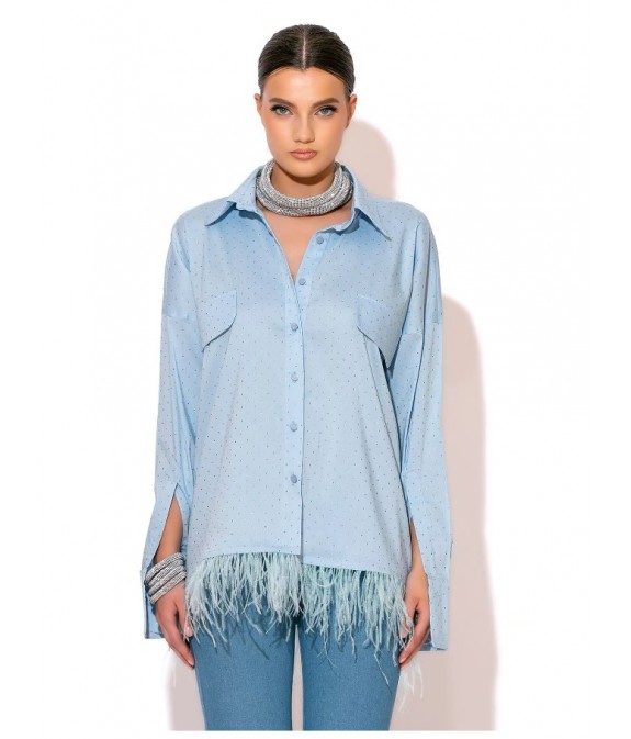 Rhinestone Poplin Shirt With Feathers In Ciel