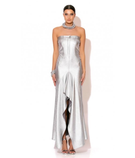 Maxi Strapless Mermaid Dress In Foil Denim - Silver Tone