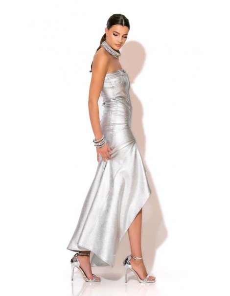 Maxi Strapless Mermaid Dress In Foil Denim - Pink