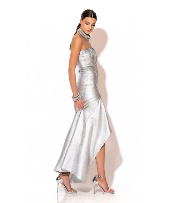 Maxi Strapless Mermaid Dress In Foil Denim - Silver Tone