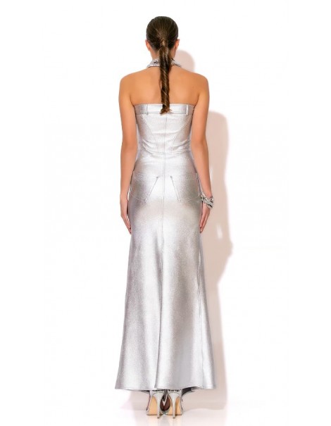 Maxi Strapless Mermaid Dress In Foil Denim