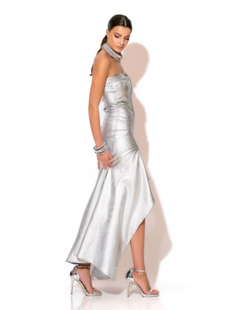 Maxi Strapless Mermaid Dress In Foil Denim