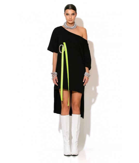 Asymmetrical Sweatshirt Dress With Stones - Black