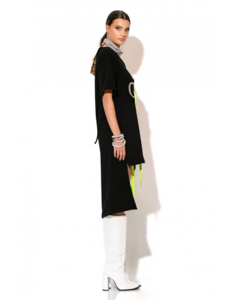 Asymmetrical Sweatshirt Dress With Stones - Black