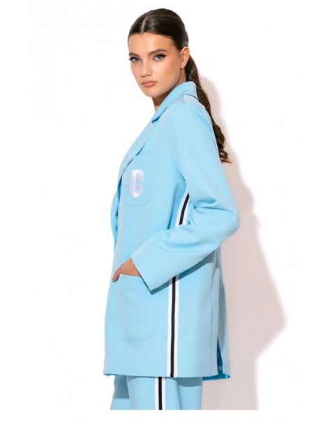 Crepe Jacket With Stripe And Embroidery - Γαλάζιο