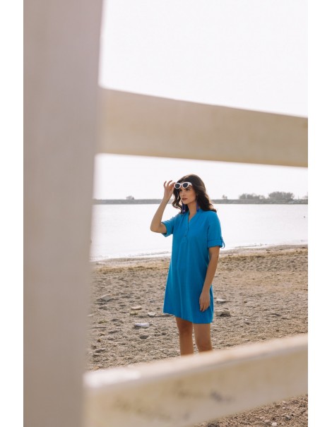 Linen dress with blue buttons - White