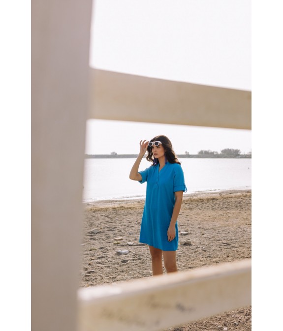 Linen dress with blue buttons - White