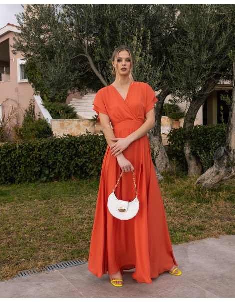 Dress with ruffled sleeves in coral - Φούξια