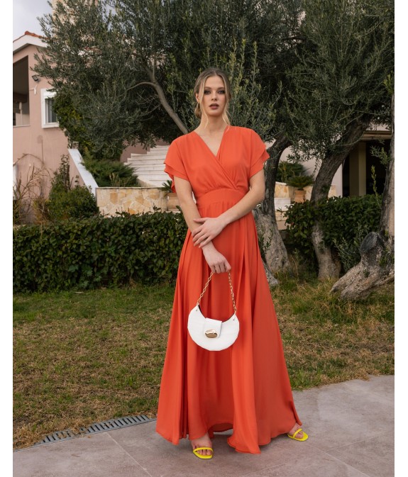 Dress with ruffled sleeves in coral