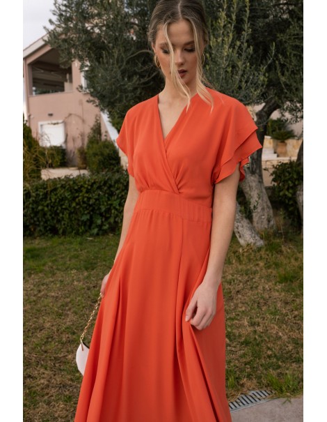 Dress with ruffled sleeves in coral