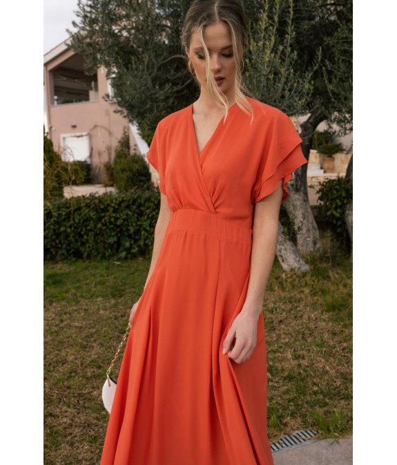 Dress with ruffled sleeves in coral - Green