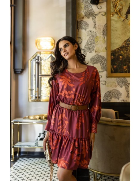 Short burgundy dress with ruffles at the bottom - Μπορντό