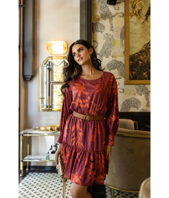 Short burgundy dress with ruffles at the bottom - Μπορντό