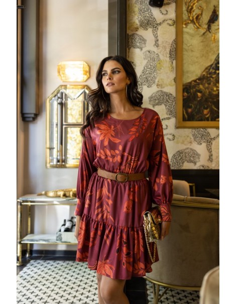 Short burgundy dress with ruffles at the bottom - Μπορντό