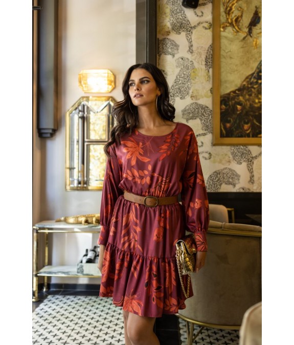 Short burgundy dress with ruffles at the bottom - Μπορντό