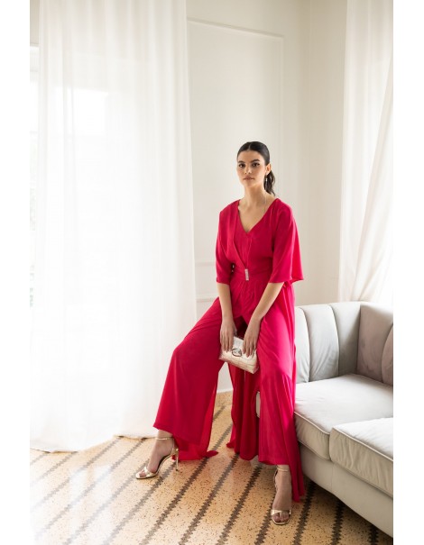 Fuchsia jumpsuit with opening and belt