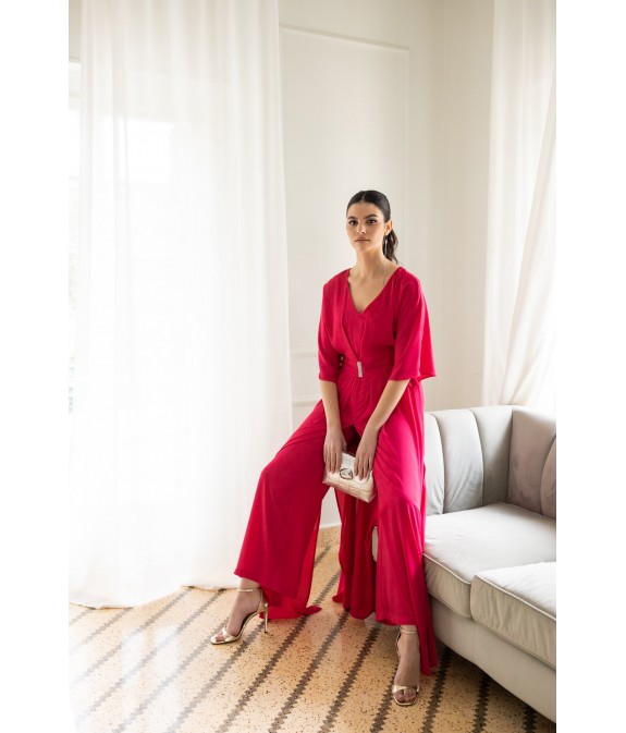 Fuchsia jumpsuit with opening and belt