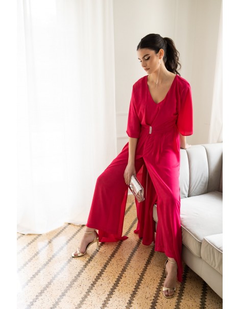 Fuchsia jumpsuit with opening and belt