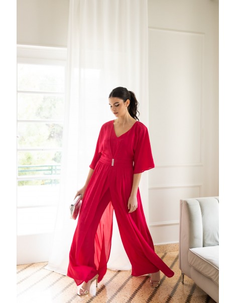 Fuchsia jumpsuit with opening and belt