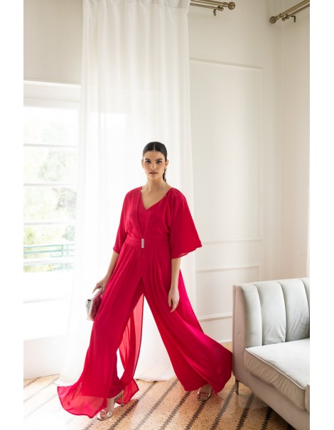 Fuchsia jumpsuit with opening and belt