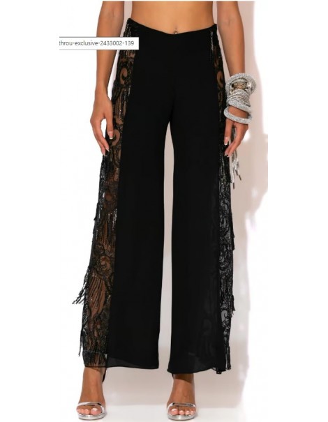 Sequin georgette pants with side fringes