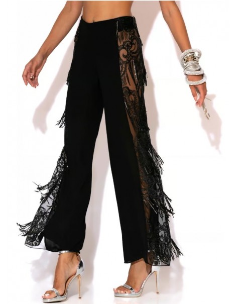 Sequin georgette pants with side fringes