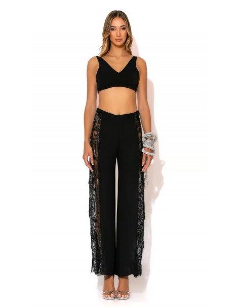 Sequin georgette pants with side fringes