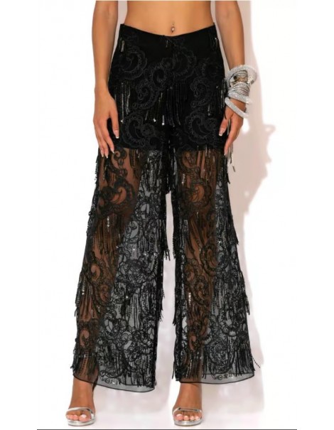 Black sequin pants with fringes