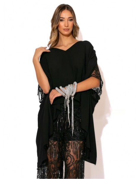 Sequin georgette blouse with fringes on the shoulders