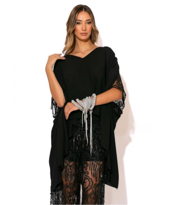 Sequin georgette blouse with fringes on the shoulders