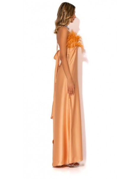 Long Strapless Satin Dress with Feathers