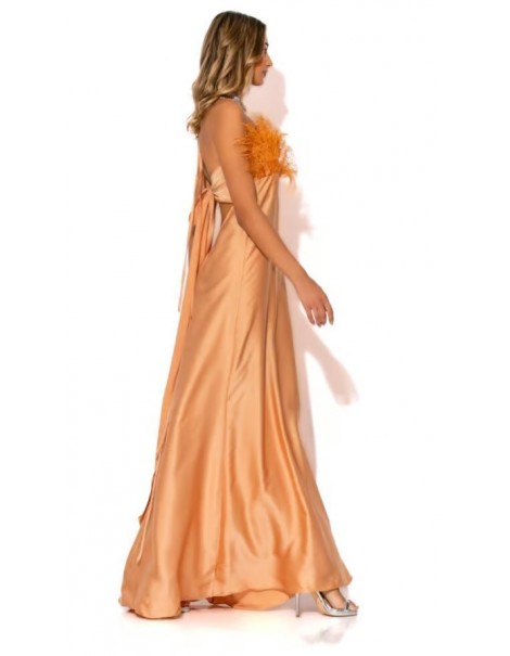 Long Strapless Satin Dress with Feathers