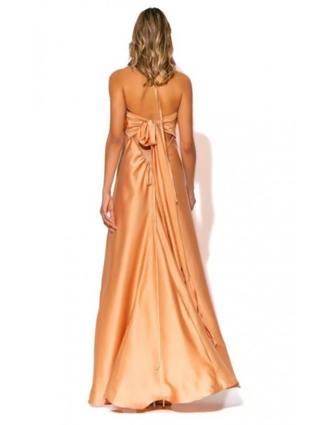 Long Strapless Satin Dress with Feathers