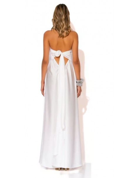 Long Strapless Satin Dress with Feathers