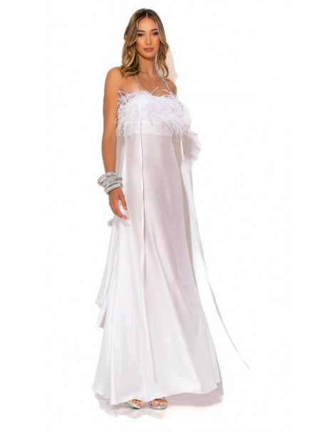 Long Strapless Satin Dress with Feathers