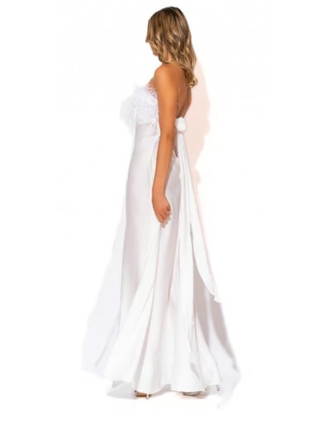 Long Strapless Satin Dress with Feathers