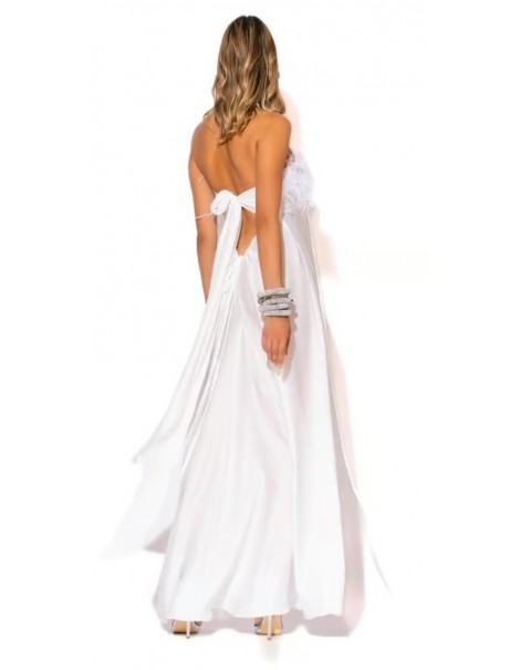 Long Strapless Satin Dress with Feathers