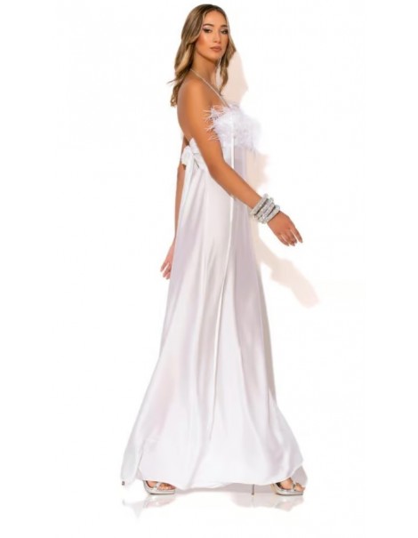 Long Strapless Satin Dress with Feathers