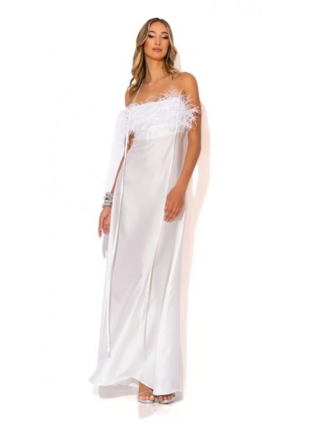 Long Strapless Satin Dress with Feathers