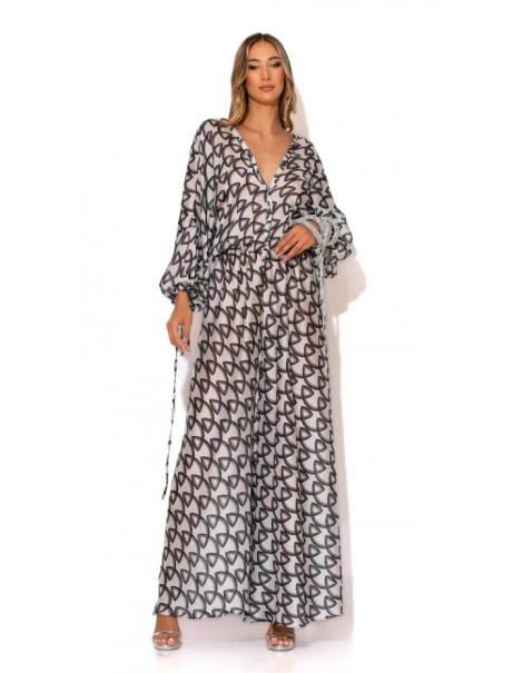 Long printed satin jumpsuit with rhinestone buttons