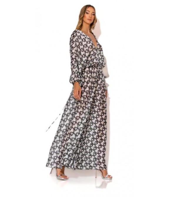 Long printed satin jumpsuit with rhinestone buttons