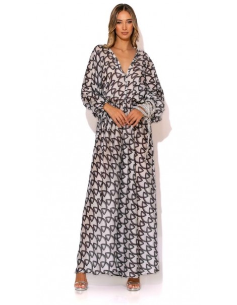 Long printed satin jumpsuit with rhinestone buttons