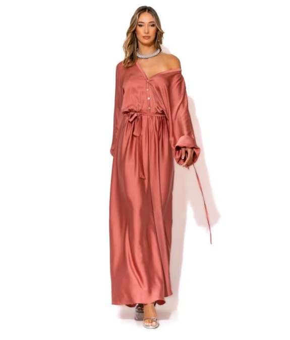 Long satin jumpsuit with rhinestone buttons