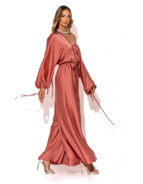 Long satin jumpsuit with rhinestone buttons